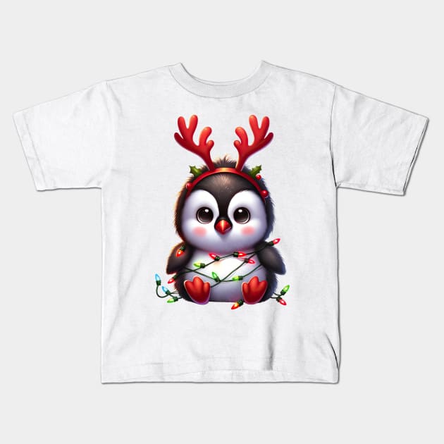 Christmas Red Nose Penguin Kids T-Shirt by Chromatic Fusion Studio